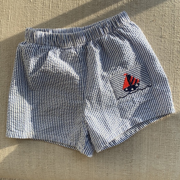 THE BAILEY BOYS Seersucker Infant Boy Swim Trunks with Embroidered Sailboats - Picture 1 of 6